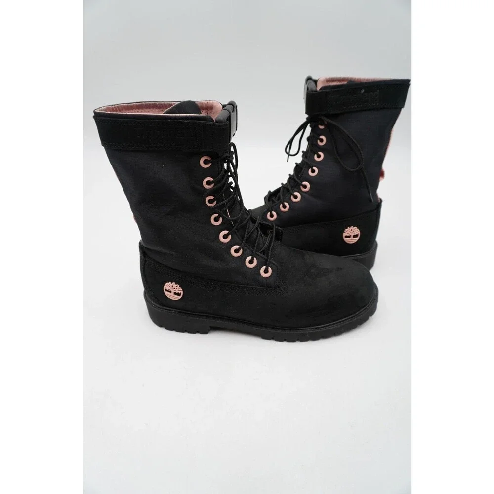 Timberland Black Suede Nylon Mid-Calf Boots Pink Eyelets Buckle Ankle Strap Sz 7